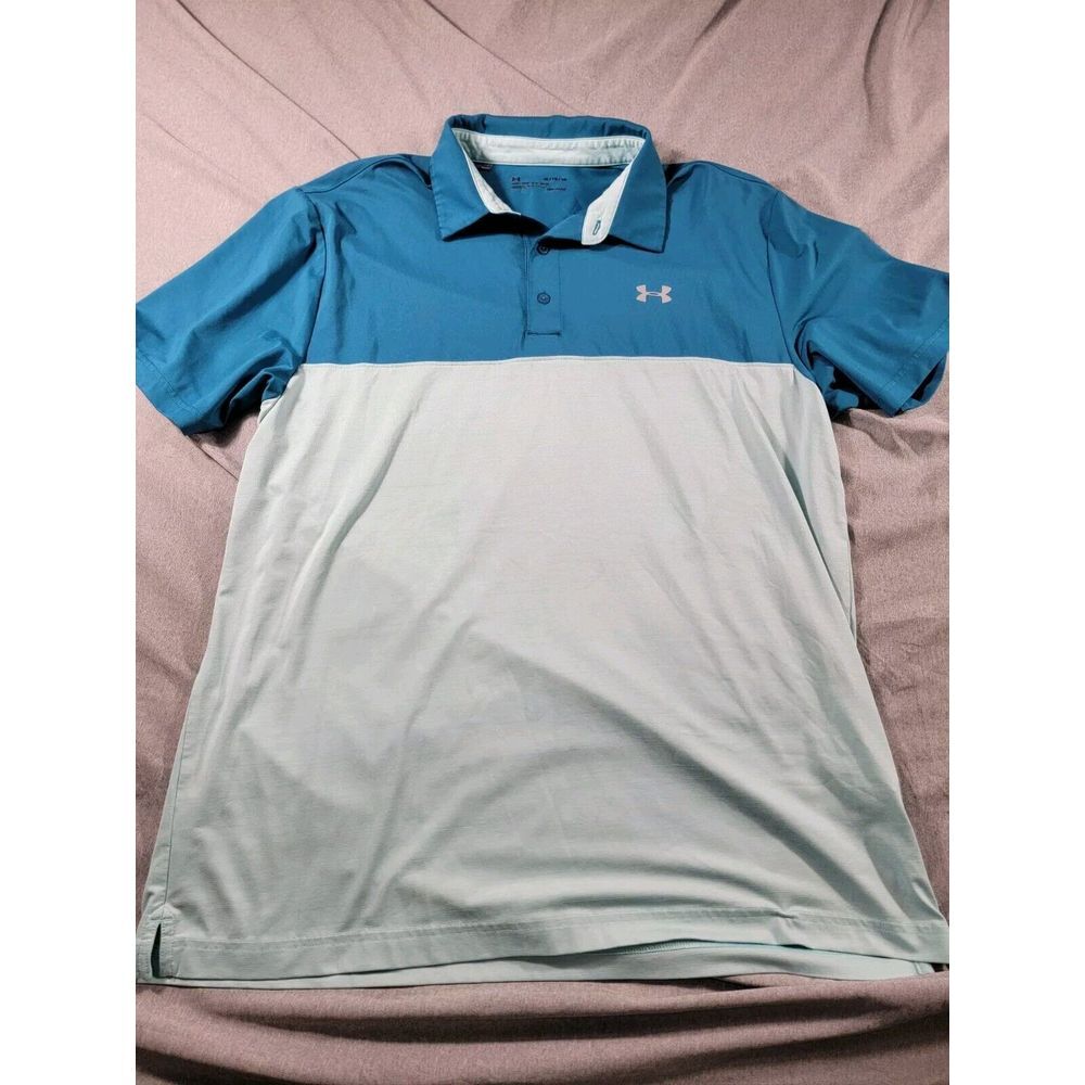 Under Armour Loose Heatgear Mens XL Teal Blue Color Block Performance Polo Shirt - Picture 2 of 8